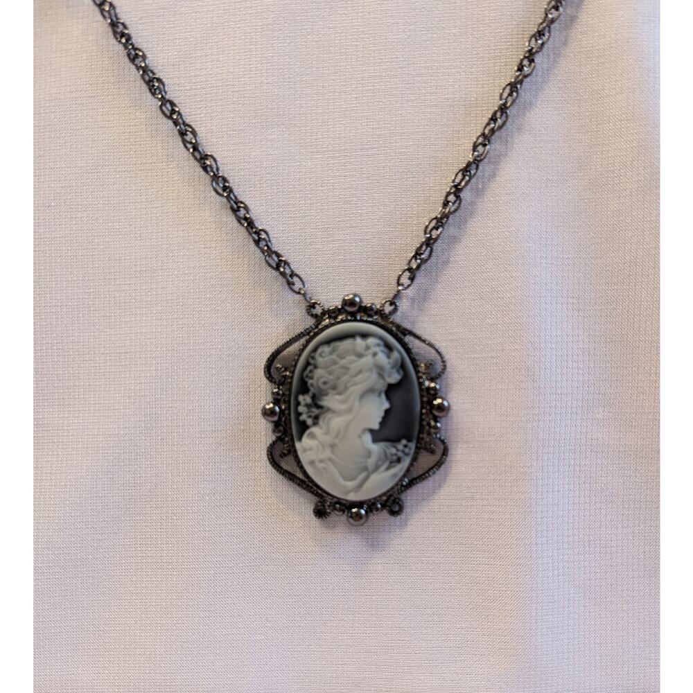 White Cameo Pendant Necklace Dark Bronze Setting with Long Chain 30" Beautiful